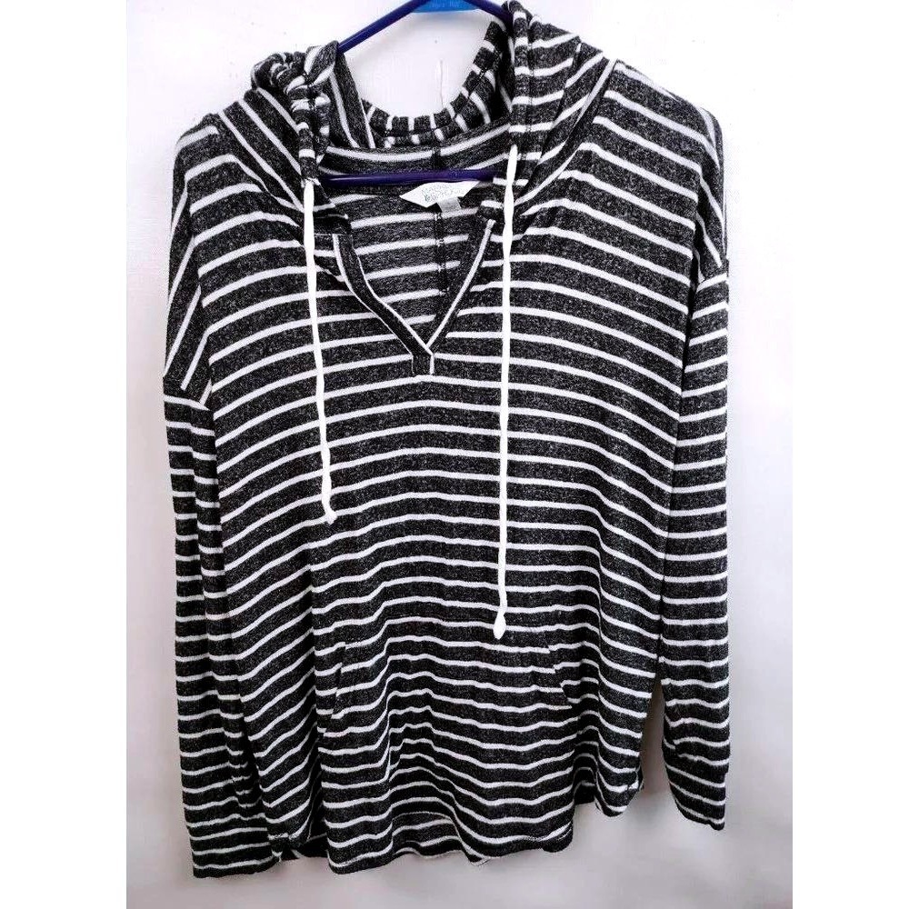 Market & Spruce Hoodie Womens Large Gray White Striped V-Neck Pullover Knit
